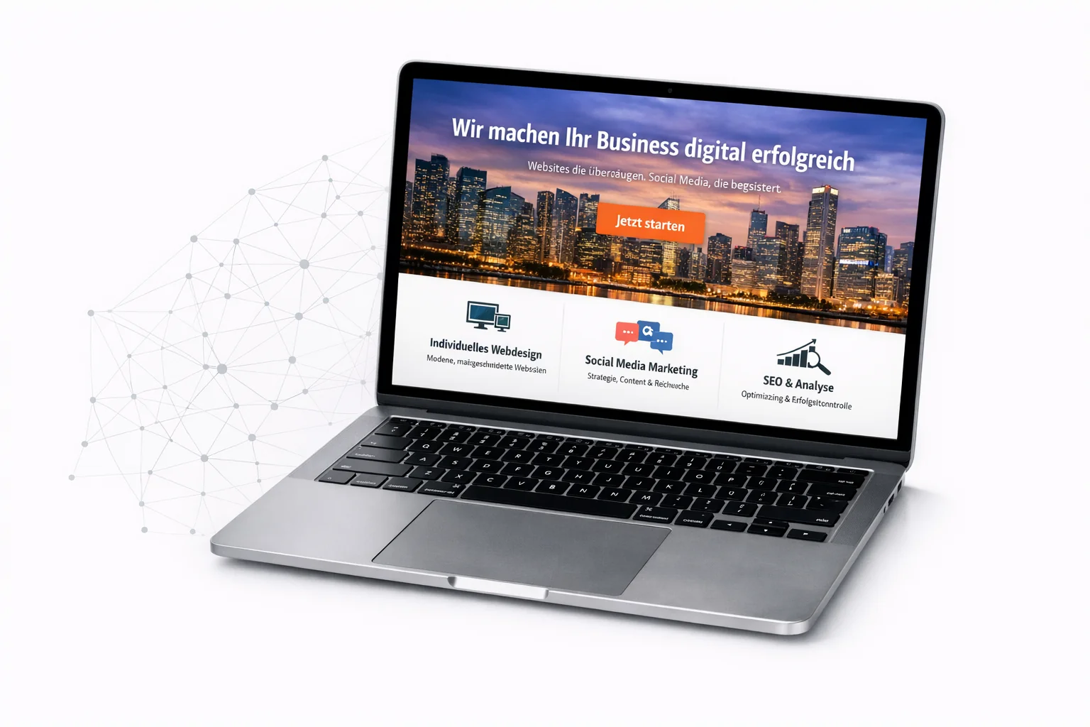 Designer (1) Webdesign Agentur BLAY DESIGN – Laptop mit moderner Unternehmenswebsite, Leistungen wie Webdesign, Social Media Marketing und SEO‑Analyse übersichtlich dargestellt.
